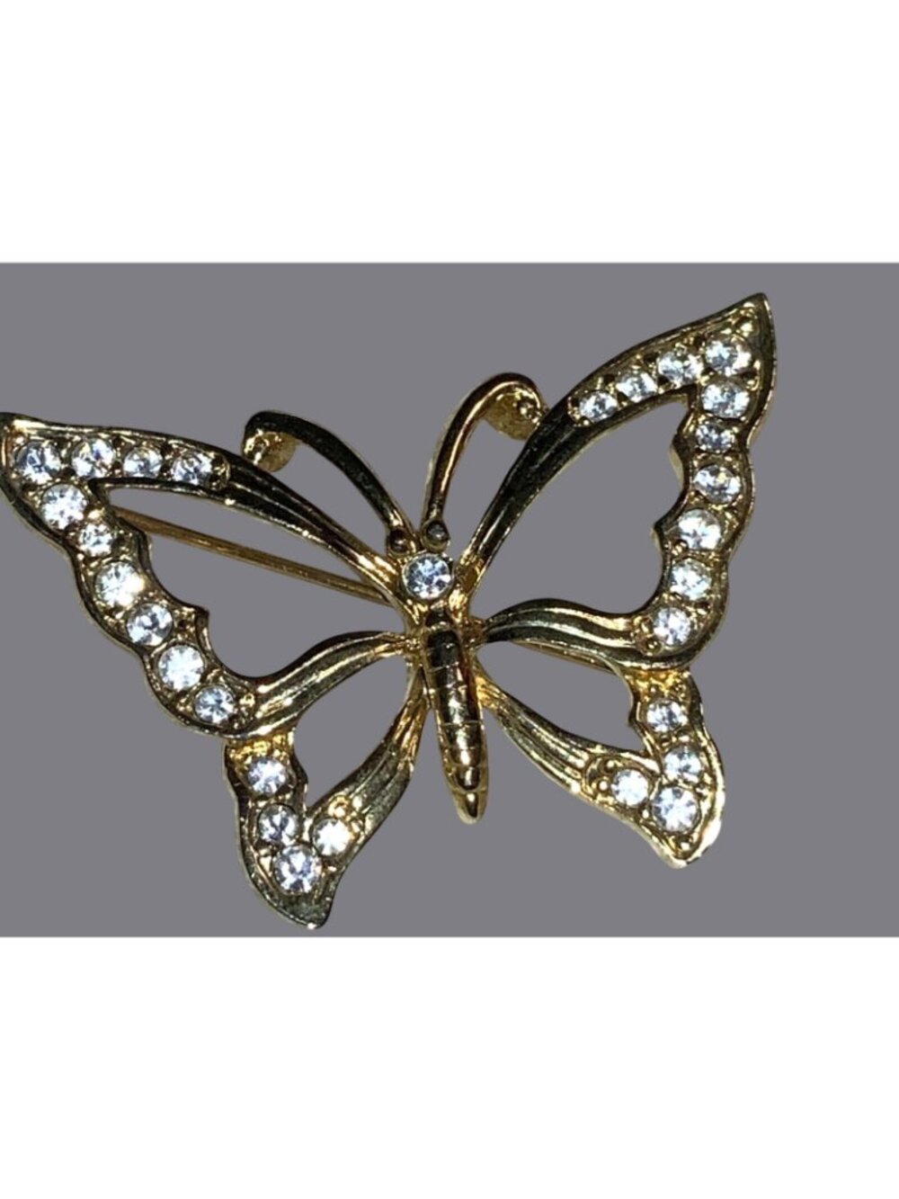 Gold Tone Butterfly Brooch With Clear Rhinestone Detailing Women Jewelry - Picture 3 of 6